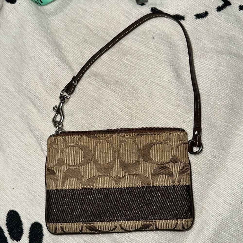 Coach tan and brown monogram canvas zippered wristlet